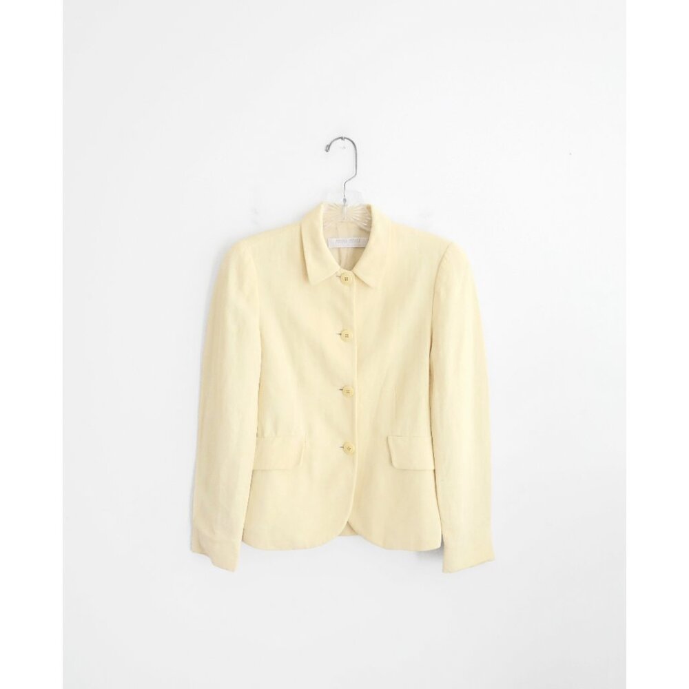 Vtg 90s Miu Miu Pale Light Yellow Cream Ecru Linen Rayon Slim Blazer IT 38 0 2